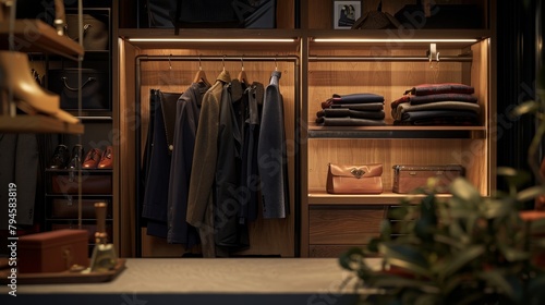Fashion meets function in this wooden cabinet scene, clothes hanging on sleek metal rails © Paul