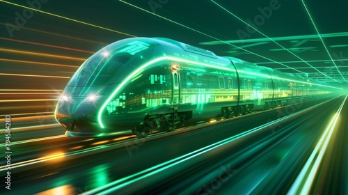 A futuristiclooking train speeds down a track with a glowing green trail behind it powered by a large biofuel engine. The caption reads Next Generation Transportation BiofuelPowered . © Justlight