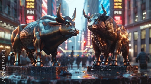 Imposing bull and bear bronze statues face off on a wet urban street  depicting market competition.
