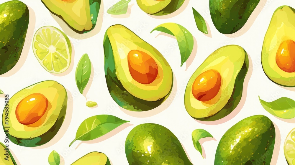 An adorable 2d cartoon of a ripe avocado fruit showcased in a Pattern beautifully isolated on a crisp white background An adorable 2d cartoon of a ripe avocado fruit showcased in a Pattern beautifully isolated on a crisp white background