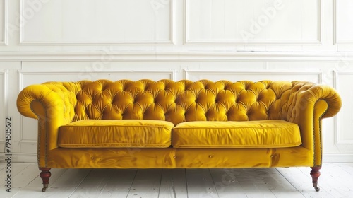 Elegant yellow velvet sofa isolated on white, luxury home decor