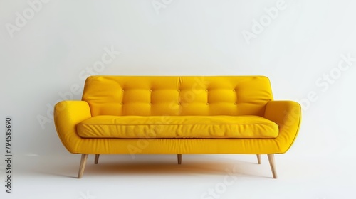 Elegant yellow sofa in a minimalistic modern design, stark against a pure white background, exuding simplicity and comfort © Paul