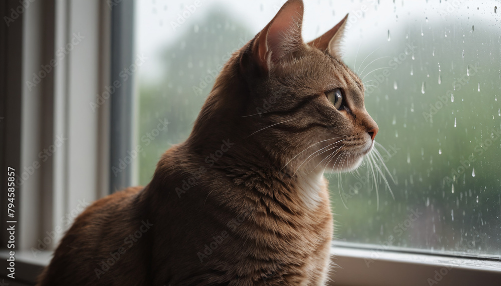 Domestic Cat Gazing Out Rainy Window