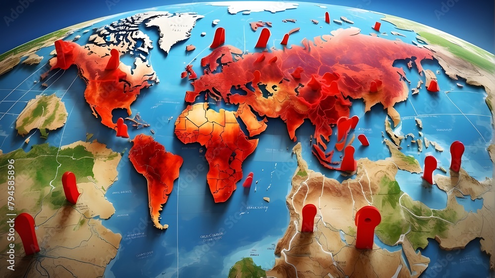 Your global destinations are prominently marked on the digital map with vivid red location markers.By Fajar - obrazy, fototapety, plakaty 