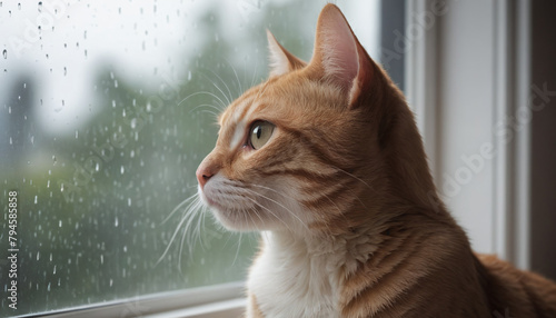 Domestic Cat Gazing Out Rainy Window