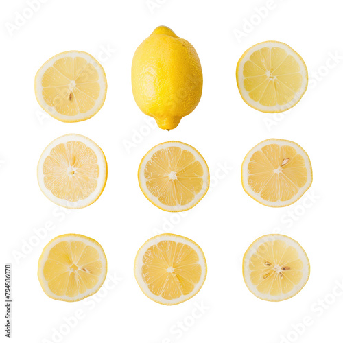 A whole lemon and lemon slices showcased against a transparent background separated by a transparent background