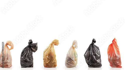 Row of tied garbage bags in various colors on a white background, suggesting waste management.