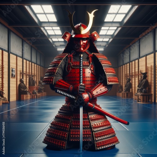 A Dramatic Japanese Samurai In An Ornate Set Of Red Samurai Armour and Swords Practising His Sword Skills in His Training Dojo. photo