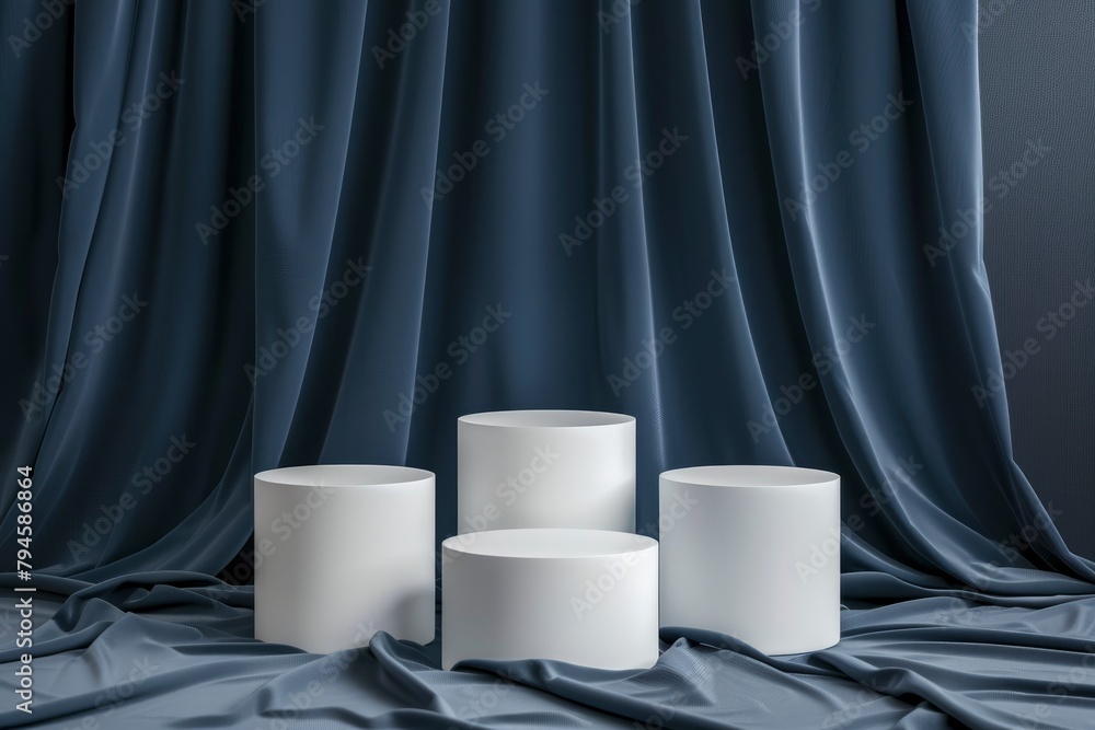 Minimal art background with white round empty podiums decorated on dark blue background. Copy space for cosmetics, business branding and product presentation - generative ai