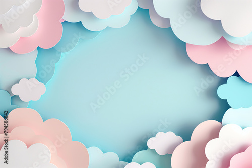 파스텔 색상의 종이 일러스트, 가운데 빈 공간, 측면의 종이 구름. 컷아웃 종이로 만든 구름이 있는 하늘색 하늘 배경. photo