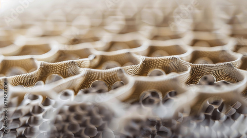 A closeup of a porous panel made out of lightweight material appearing almost like a honeycomb. The caption reads Incorporating acoustic metamaterials in architectural designs