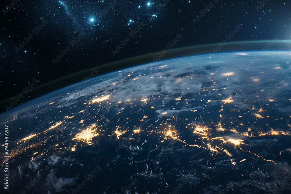 Obraz premium 불빛이 반짝이는 어두운 우주 공간의 밤 행성 지구