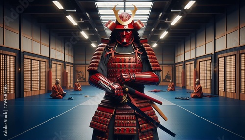 A Dramatic Japanese Samurai In An Ornate Set Of Red Samurai Armour and Swords Practising His Sword Skills in His Training Dojo.