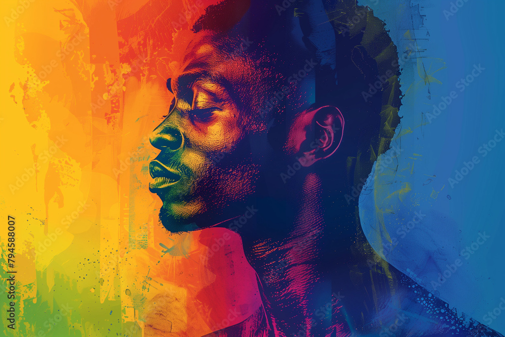 African-American gay man on a rainbow background for pride day, celebrating his identity with pride, love, and empowerment