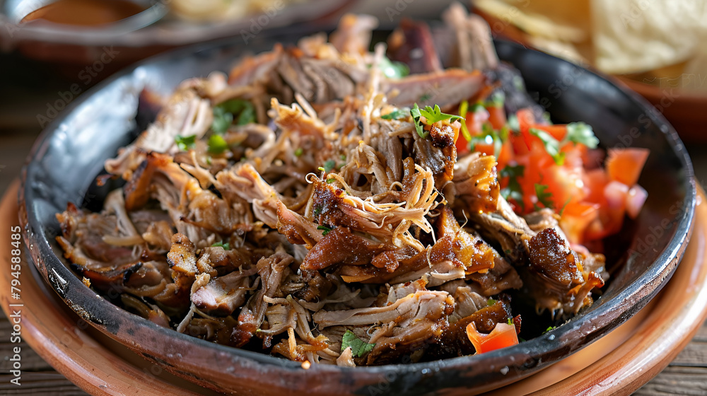Carnitas, mexican pork dish on teak wood plate Carnitas, mexican pork dish on teak wood plate