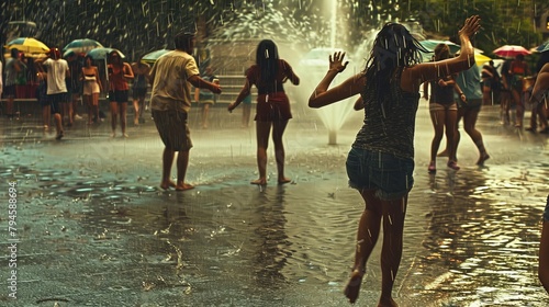 An impromptu dance in the rain, with individuals letting loose, their clothes soaked but spirits undampened, embodying freedom and joy.