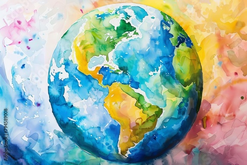 Watercolor painting of the globe, vibrant, detailed, expressive, fluid, colorful, showcasing diverse landscapes and cultures, in a global harmony concept, High resolution. © INART