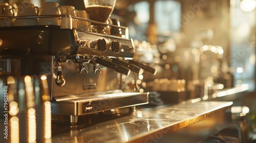 The hazy dreamlike image of a barista station softly lit and strewn with shiny espresso machines and rows of spotless gleaming cups. . photo