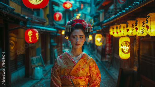 Japanese Geisha walks down the streets of Feudal Japan