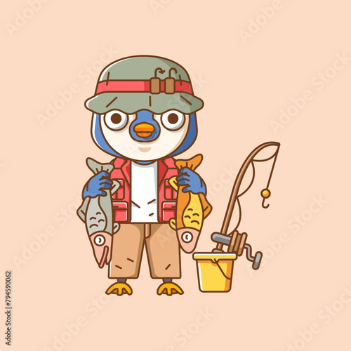 Cute penguin fisher fishing animal chibi character mascot icon flat line art style illustration concept cartoon