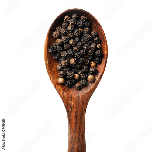 A wooden spoon filled with black peppercorns black pepper stands alone against a transparent background photo