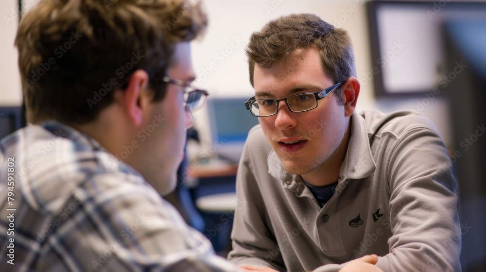 A stern but encouraging engineer looks over the shoulder of a student as they work on a challenging problem offering guidance and advice. . A stern but encouraging engineer looks over the shoulder of a student as they work on a challenging problem offering guidance and advice. .