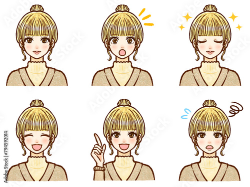 金髪シニヨン大人女性のイラスト素材セット