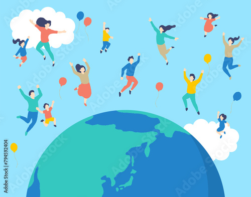 SDGsイメージの地球と空を飛ぶ人たちのイラスト