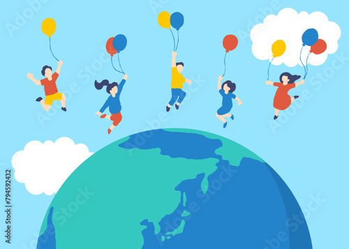SDGsイメージの地球と空を飛ぶ子供たちのイラスト