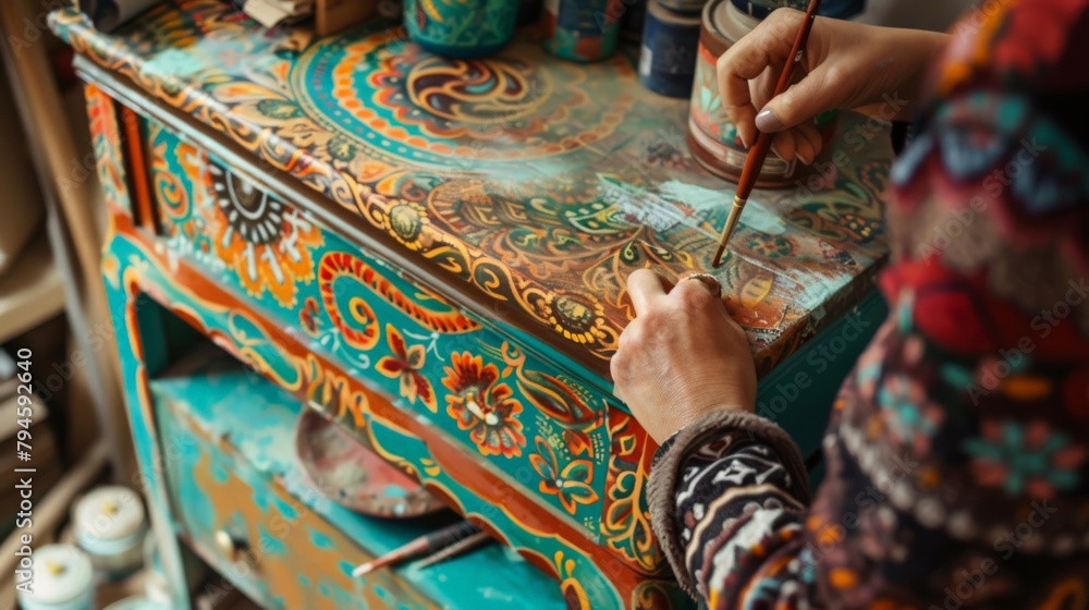 An over-the-shoulder view of someone meticulously painting a piece of reclaimed furniture, transforming it with vibrant colors and intricate patterns, embodying the spirit of upcycling.
