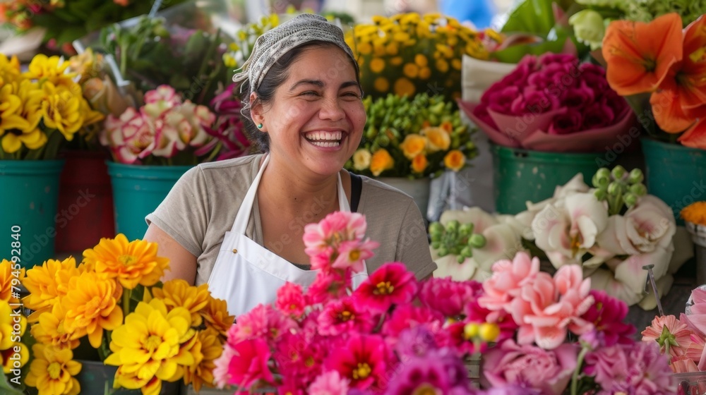 A candid shot of a florist laughing while surrounded by buckets of brilliantlyhued blossoms their white apron providing a neutral canvas for the explosion of color around them. .