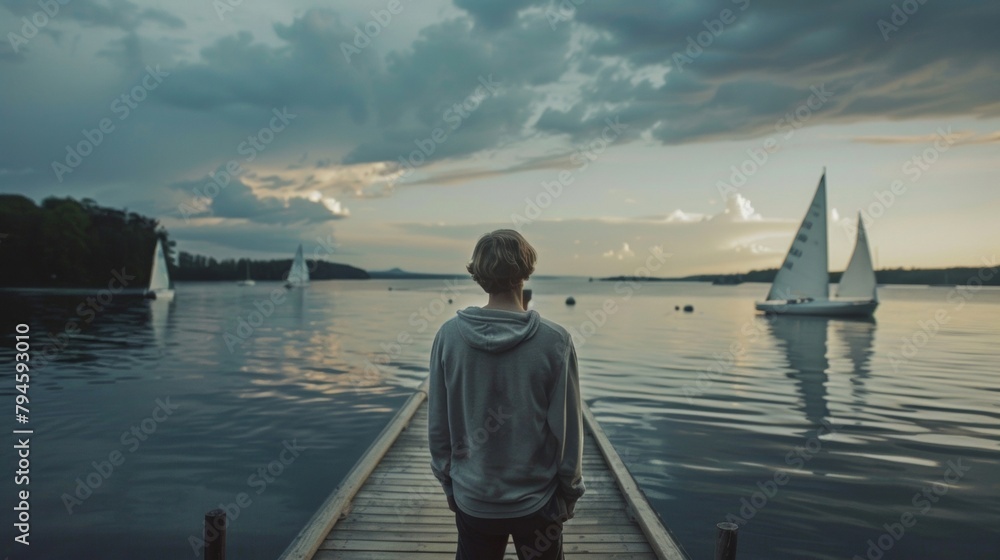 Someone stands on a dock back turned to the camera as they watch sailboats gliding by on the serene lake. . . Someone stands on a dock back turned to the camera as they watch sailboats gliding by on the serene lake. . .