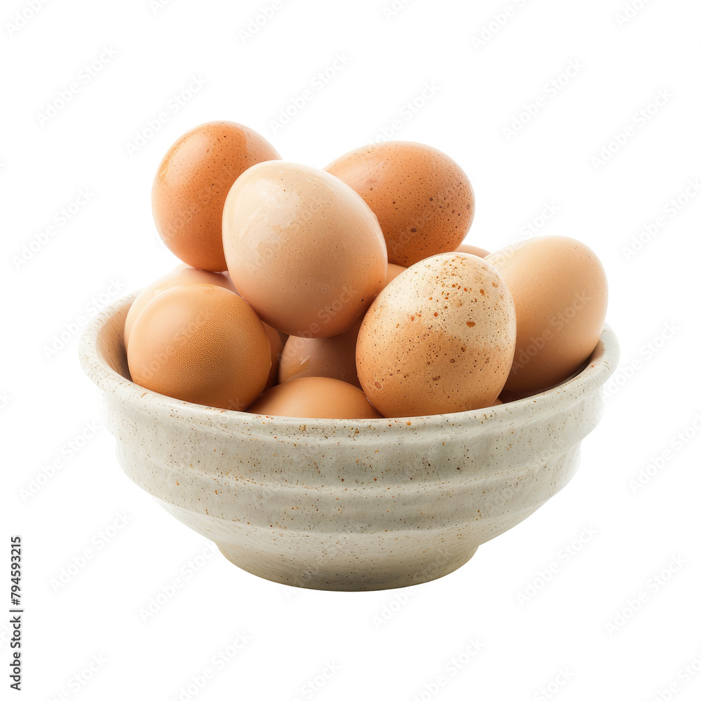 Fresh eggs are displayed in a bowl against a transparent background Fresh eggs are displayed in a bowl against a transparent background