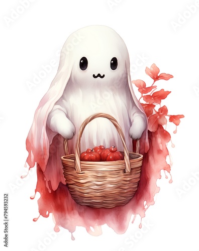 ghost with a basket of cherries. Watercolor hand drawn illustration photo