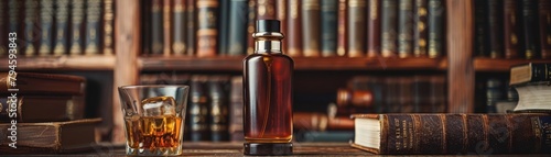 A vintage inspired mens fragrance bottle surrounded by old books and a whiskey glass photo