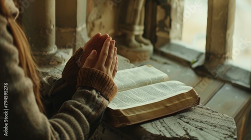 Hands folded in prayer on a Bible laid on a church's ancient stone windowsill, merging historical faith with personal devotion.