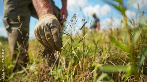 A team of volunteers from a local conservation group carefully tend to a field of tall grasses which will be later used to create a sustainable source of biofuel for the surrounding .