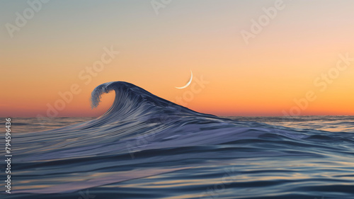 World Ocean's Day with little single wave in the open ocean at sunset with crescent moon