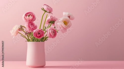 Pink flowers vase on pink surface