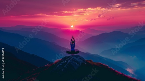 An individual practicing yoga on a tranquil mountaintop at dawn, their silhouette harmonizing with the serene beauty of nature, reflecting inner peace and physical strength. photo