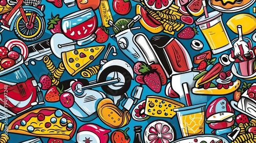 background in the style of collage-style, enamel, italy iconography, pop inspo, pizza, pasta, vespa, gelato, aperol flat, vector, handdrawn