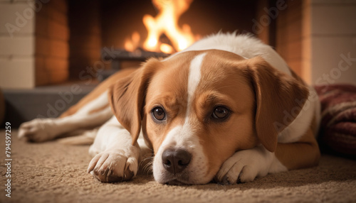Labrador Retriever Relaxing by Fireplace © Santiago