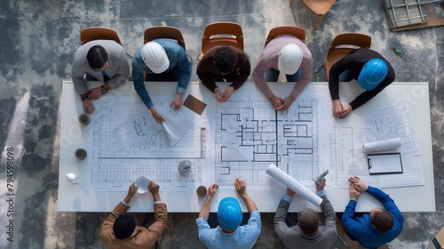 Diverse architects and engineers collaborate on building plans. Ideal for construction planning or property development