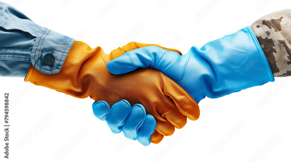 Two people in rubber gloves shaking hands, one in blue, one in orange, symbolizing teamwork and hygiene. - obrazy, fototapety, plakaty 