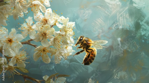 A honey bee gathering nectar from hawthorn blossoms photo