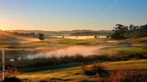 The early morning mist rising off a pristine golf course  golfers in the distance teeing off as the first light of day breaks.