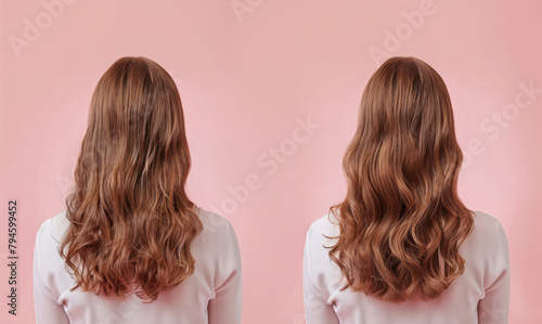 Woman before and after hair treatment on pink background, back view. Collage showing damaged and healthy hair.
