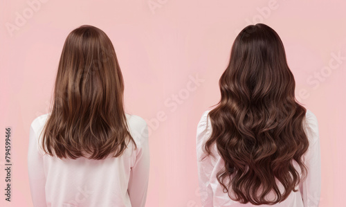 Woman before and after hair extensions on pink background. 