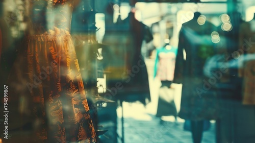 Blurry silhouettes of retro fashion pieces hanging on a vintage rack create an artsy and nostalgic atmosphere. . photo