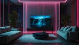 Smart tv in modern living room, 3d render. Generative ai.